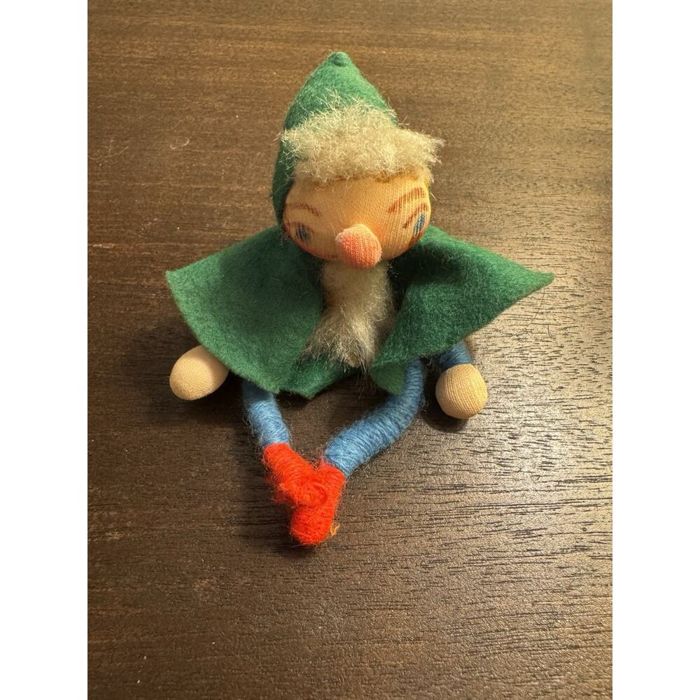 VTG Elf Pixie Posable Legs and Arms Figurine Ornament 5" Beard Cape Shelf Sitter